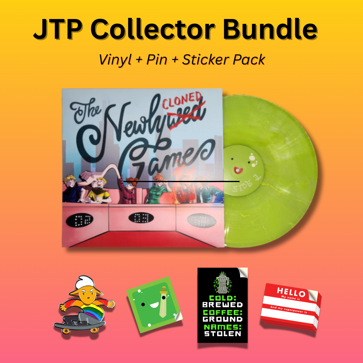 JTP Collector Bundle – Vinyl + Pin + Sticker Pack – Certified Crucial
